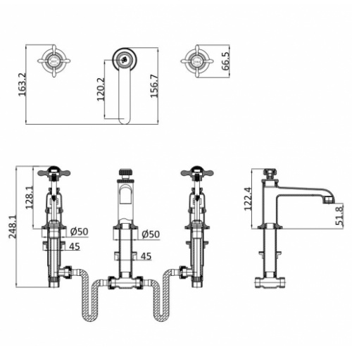 Mélangeur de lavabo rétro GUILD Nickel Brossé 3 trous GU135DNx Schéma Mélangeur de lavabo rétro GUILD Nickel Brossé 3 trous GU135DNx Schéma