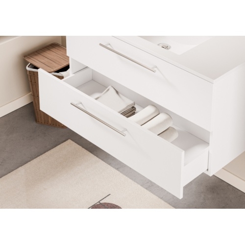 Meuble NEPTUNE Blanc 100cm -Vasque Centrée - Miroir antibuée Kathy Neptune 100 - Tiroir - Blanc Meuble NEPTUNE Blanc 100cm -Vasque Centrée - Miroir antibuée Kathy Neptune 100 - Tiroir - Blanc
