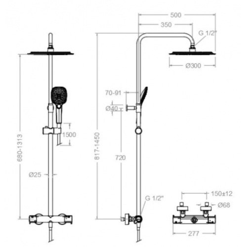 Colonne télescopique BLAUTHERM thermostatique Noir Mat - 945412 Q3RP300NM* 94D309400 Schéma