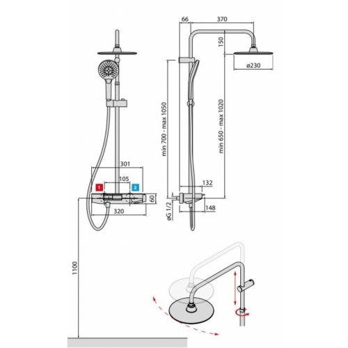 Colonne de douche Thermostatique Y avec tablette de chez NOVELLINI YPST-K Schéma