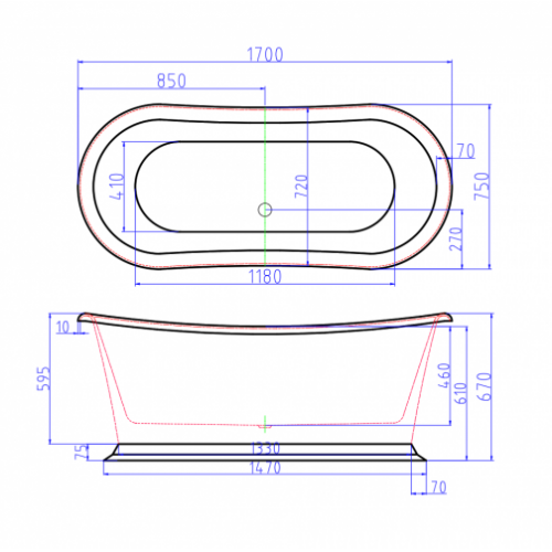 Baignoire ilot rétro 170x75 CHARLESTON C-3254-17 SCHEMA Baignoire ilot rétro 170x75 CHARLESTON C-3254-17 SCHEMA