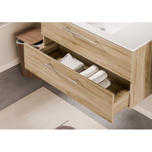 Meuble NEPTUNE Bois Clair 100cm -Vasque Centrée - Miroir Slim Neptune 100 - Tiroir - Bois clair Meuble NEPTUNE Bois Clair 100cm -Vasque Centrée - Miroir Slim Neptune 100 - Tiroir - Bois clair