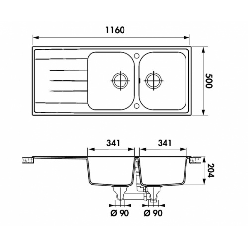 Evier en Cristalite 2 bacs VIOLA Everest - EV2521 VIOLA 2 Bacs - Schéma Evier en Cristalite 2 bacs VIOLA Everest - EV2521 VIOLA 2 Bacs - Schéma