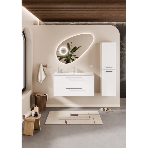 Meuble NEPTUNE Blanc 100cm -Vasque Centrée - Miroir Galet