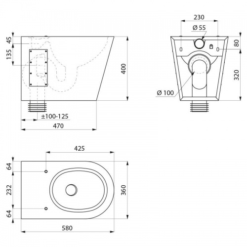 WC à poser au sol en Inox S21 P Noir Mat cote_110300BK WC à poser au sol en Inox S21 P Noir Mat cote_110300BK