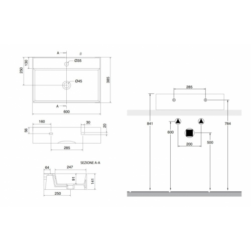 Vasque à poser ou supendue TEOREMA 2.0 60 cm - Faible profondeur 5156_schéma Vasque à poser ou supendue TEOREMA 2.0 60 cm - Faible profondeur 5156_schéma
