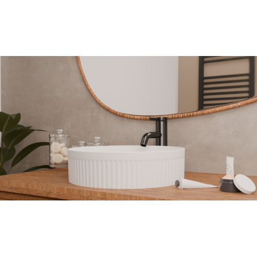 Vasque à poser cannelée BEYOND Ø 40 cm Blanc Mat Vasque1-Sanitaire - Vue diagonale côté Vasque à poser cannelée BEYOND Ø 40 cm Blanc Mat Vasque1-Sanitaire - Vue diagonale côté