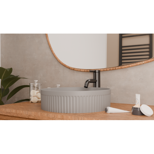 Vasque à poser cannelée BEYOND Ø 40 cm Gris clair Mat VASQUE 1 - GRIS CLAIR - AMBIANCE - VUE CÔTÉ