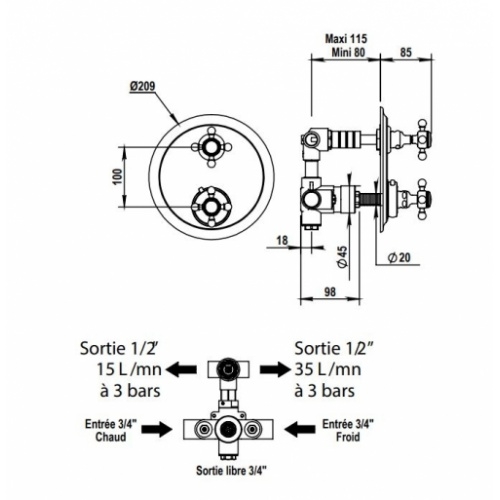 Corps mitigeur thermostatique à encastrer - 92.593 92-593-Schéma