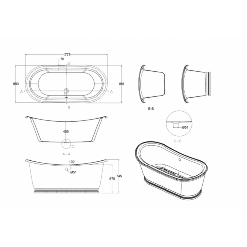 Baignoire rétro avec socle ADMIRAL 180 ET6C_LD