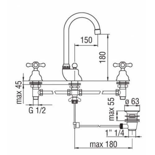 Mélangeur lavabo 3 trous rétro chromé Grazia GRC5012/1CR GRC5012 Schéma