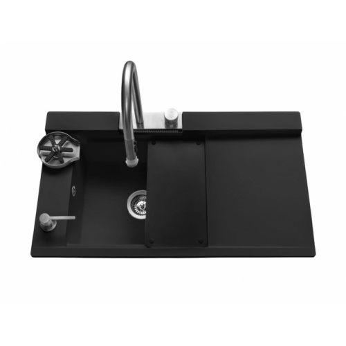 Evier à encastrer de cuisine multifonctions Granit Noir et Chromé - L910