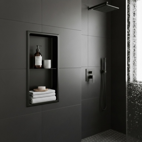 Niche murale de douche, étagère encastrable douche acier Noir Mat - 60x30cm