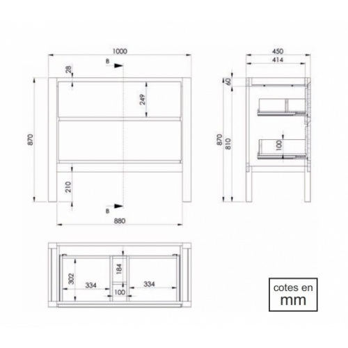 Meuble simple vasque Bois massif WOOD 2 tiroirs 100cm WOOD sur pieds 100 Schéma