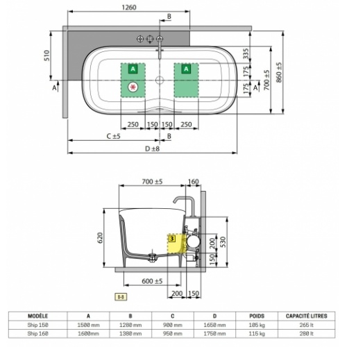Baignoire SHIP Angle à Gauche avec meuble - 160x70cm - Blanc Mat - Natural Air Ship Angle Gauche Schéma