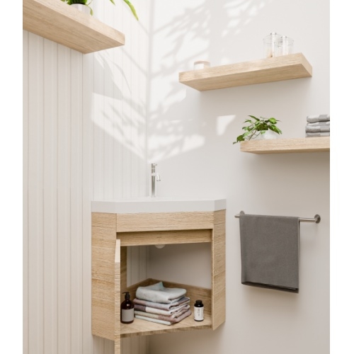 Meuble lave-mains d'angle ANGLEO Bois Clair ANGLEO_BOIS CLAIR_OUVERT GAUCHE