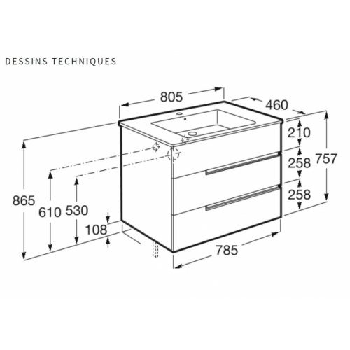 Meuble simple vasque 3 tiroirs Victoria-N – Vert Sauge Mat 80cm VICTORIA_80 Schéma