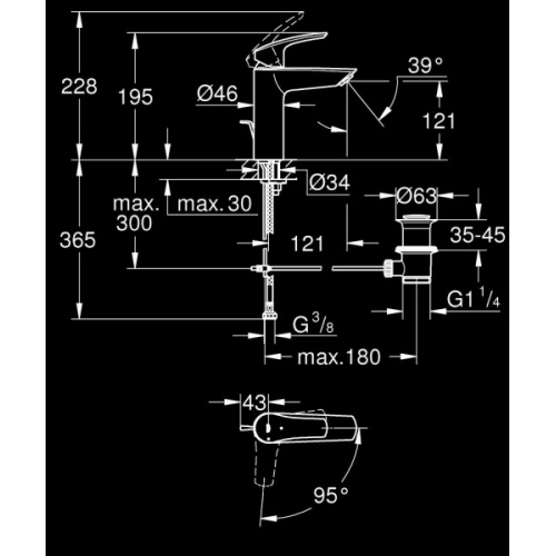 Mitigeur monocommande Lavabo Taille M EUROSMART 2339330E Schéma