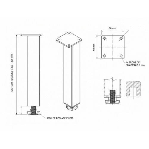 Jeu de 2 pieds NEPTUNE 35cm - Réglables en hauteur Pieds
