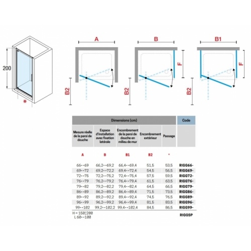 Paroi de douche 1 porte pivotante RIGA G Bronze brossé - 69cm RIGA G Schéma