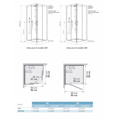Cabine de douche HORIZON C angle carrée - 80x80cm - Acier - Porte pivotante HOARIZON C angle
