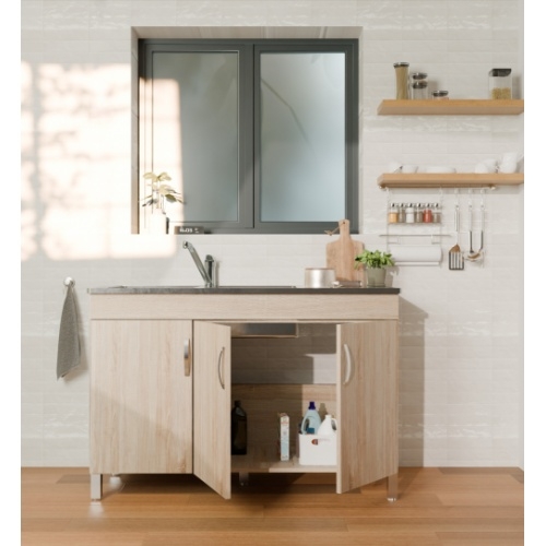 Meuble sous-évier 3 portes BENT Bois Clair avec évier BENT_BOIS CLAIR_OUVERT