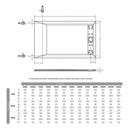 Receveur de douche ardoise 90x120cm Gris clair SELECT SELECT Schéma