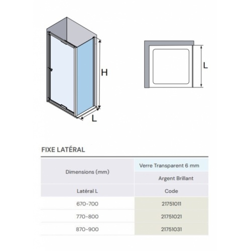 Paroi de douche fixe latéral SERENA LDF-SE310 Argent brillant - 770-800 SERENA LDF Cote Paroi de douche fixe latéral SERENA LDF-SE310 Argent brillant - 770-800 SERENA LDF Cote