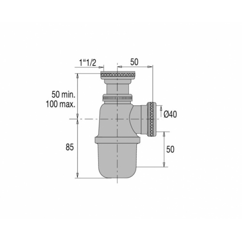 Siphon pour évier, réglable de 50 à 100 mm, sortie D.40 mm, NF, nickel mat siphon-schéma