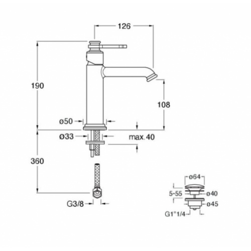 Mitigeur de lavabo Vieux bronze mat H190 FARO vidage clic-clac FA22051_Schéma