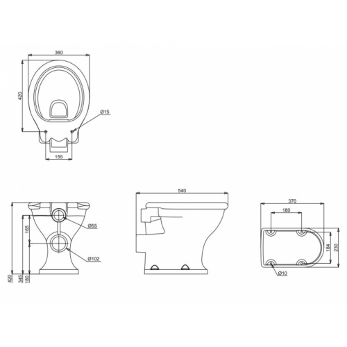 Pack WC au sol GUILD Rimless - Réservir mi-haut - Abattant Varley White GU6118CW Schéma Pack WC au sol GUILD Rimless - Réservir mi-haut - Abattant Varley White GU6118CW Schéma
