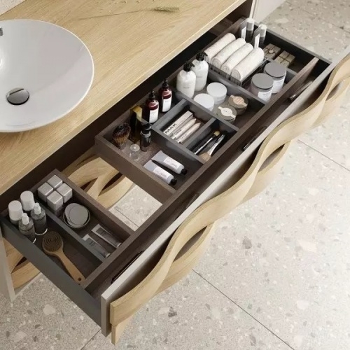 Meuble ondulé Chêne naturel et Anthracite 120 CASCADE - Plan Solid Surface Casacde Tiroir Haut Meuble ondulé Chêne naturel et Anthracite 120 CASCADE - Plan Solid Surface Casacde Tiroir Haut