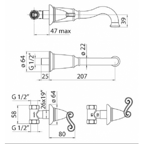 Mélangeur lavabo 3 trous à encastrer chromé DUBAI DB00298 COTE