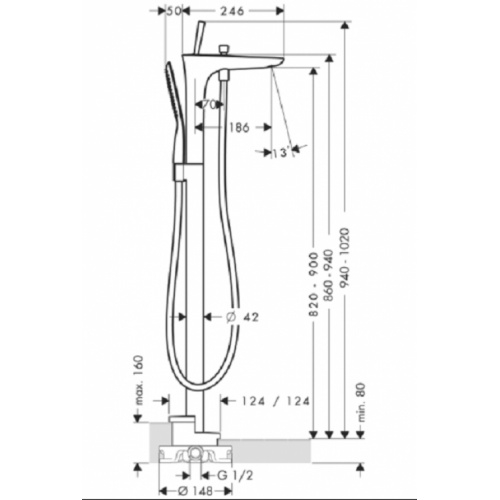 Mitigeur bain/douche, set de finition PuraVida 15473400 15473400 cote Mitigeur bain/douche, set de finition PuraVida 15473400 15473400 cote