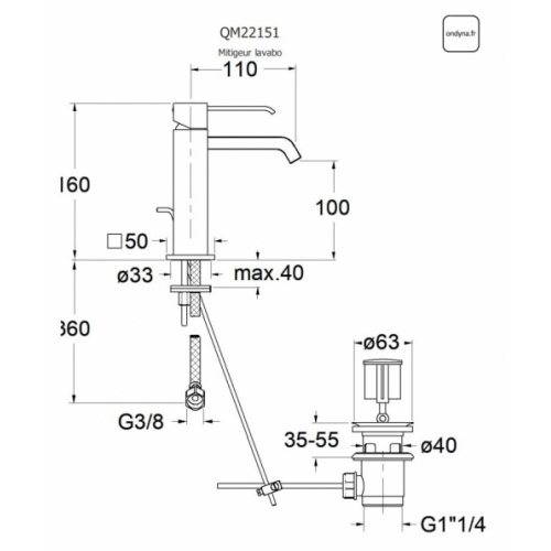 Mitigeur lavabo bec cascade QUADRI avec vidage tirette QM22151 cotes Mitigeur lavabo bec cascade QUADRI avec vidage tirette QM22151 cotes
