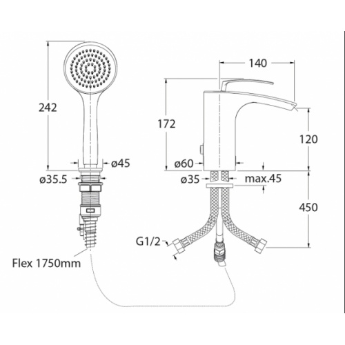 Mitigeur Bain/Douche sur gorge 2 trous BOLLICINE - BO12151 Bo12151 cote Mitigeur Bain/Douche sur gorge 2 trous BOLLICINE - BO12151 Bo12151 cote