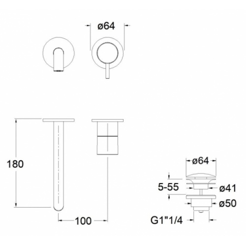 Mitigeur lavabo mural BLACKMAT Triverde - Saillie 180mm Tv26751 cote