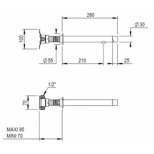 Mitigeur lavabo mural encastré bec long Inox STICK 83 791 cote