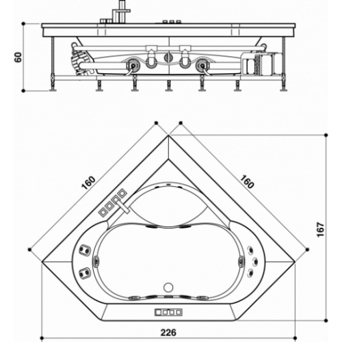 Baignoire d'angle AURA PLUS CORNER 160x160 tablier bois JACUZZI Aurapluscorner schema Baignoire d'angle AURA PLUS CORNER 160x160 tablier bois JACUZZI Aurapluscorner schema
