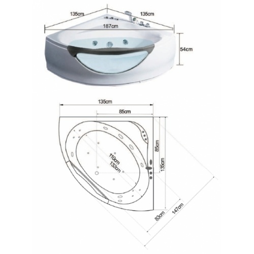 Baignoire d'angle balnéo CARAIBES 135x135cm Bora bora cote Baignoire d'angle balnéo CARAIBES 135x135cm Bora bora cote