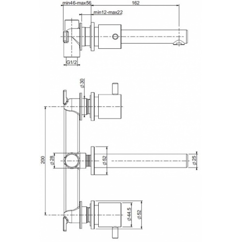 Mélangeur lavabo encastrer 3 trous R003103 bec fixe 160mm DMB SUPERINOX Cotes 0031103