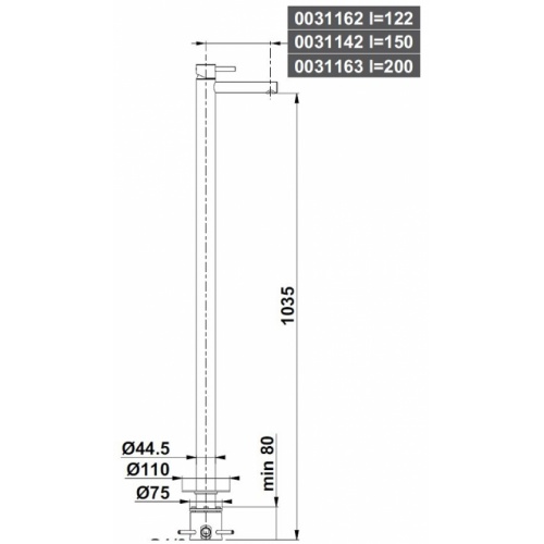 Mitigeur lavabo à colonne bec moyen R003142 DMB SUPERINOX Cotes 0031142
