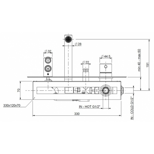 Mitigeur bain/douche mural R003198 à encastrer bec fixe 210mm DMB SUPERINOX Cotes 2 0031198