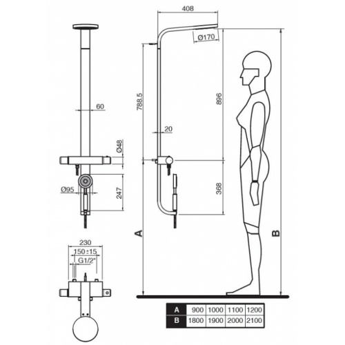 Colonne de douche thermostatique R006019 COLEMAN SUPERINOX Cotes 0061019