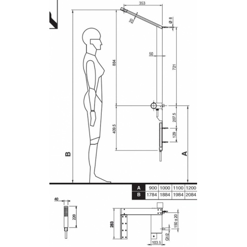 Colonne de douche thermostatique 0111019 OTIS SUPERINOX Cotes 0111019