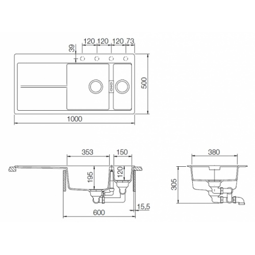 Evier de cuisine HORIZONT 1.5 C Cristadur Magma Evc1611 cote