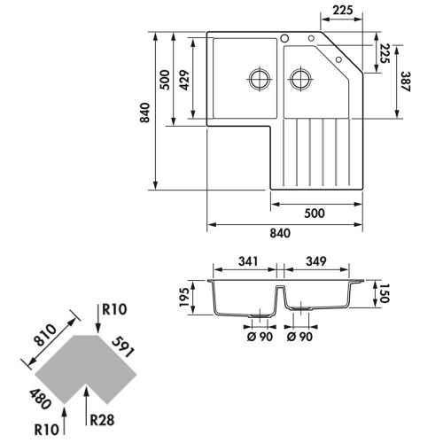 Evier de cuisine d'angle PRIMUS 2 Cuves Croma - EV22431PC Dimensions primus angle 2 cuves