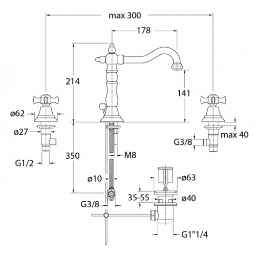 Mélangeur lavabo 3 trous CHAMBORD rétro doré - CH11252 Ch11251 cote