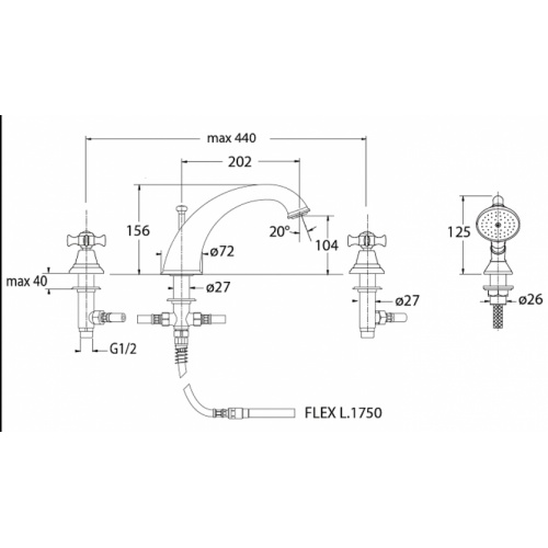 Mélangeur Bain/Douche 4 trous sur gorge CHAMBORD rétro Chromé - CH10451 Ch10451 cote Mélangeur Bain/Douche 4 trous sur gorge CHAMBORD rétro Chromé - CH10451 Ch10451 cote