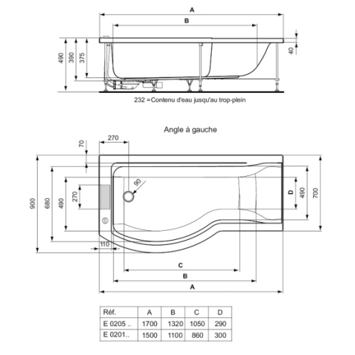 Baignoire-douche asymétrique nue Connect Gauche 150x70 Ideal standard connect 1695 x 895 cm e020501 cote